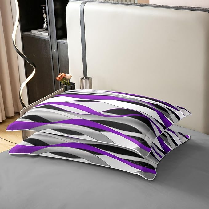 Erosebridal Modern Geometric Bedding Set Full Purple and Grey Striped 100% Cotton Duvet Cover Geometric Simple Pattern Comforter Cover for Kids Teens Adults Waves Art Stripes Bed Set 3 Pcs