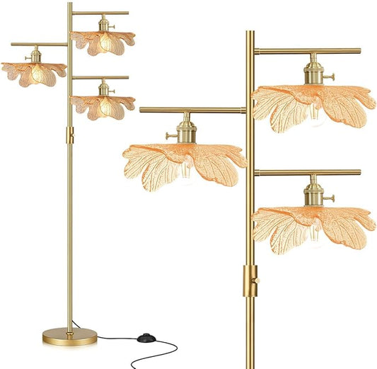 Amber Glass Floor Lamp, Dimmable Gold Standing Lamp with Leaf Lampshade, Three-Way Switch Control, 3-Light Tree Floor Lamp Mid Century Modern Tall Lamp for Living Room Bedroom Office Study