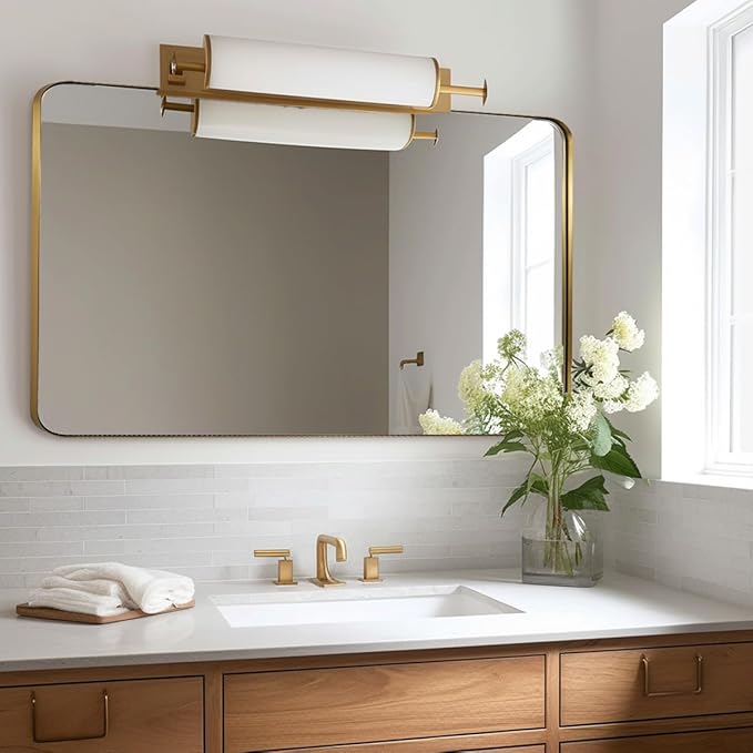 Andy Star Gold Bathroom Mirror,22x30'' Brushed Brass Metal Frame Rounded Corner Wall Mirror,Rectangle Wall Mounted Mirror Glass Panel Hangs Horizontal or Vertical for Bathroom,Vanity,Washroom