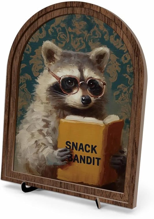 Wooden Tabletop Sign Funny Raccoon Decor for Bookshelf Desk Shelf, Arched Wood Frame Vintage Reading Animal Art, Rustic Home Office Display Accent for Animal Lovers