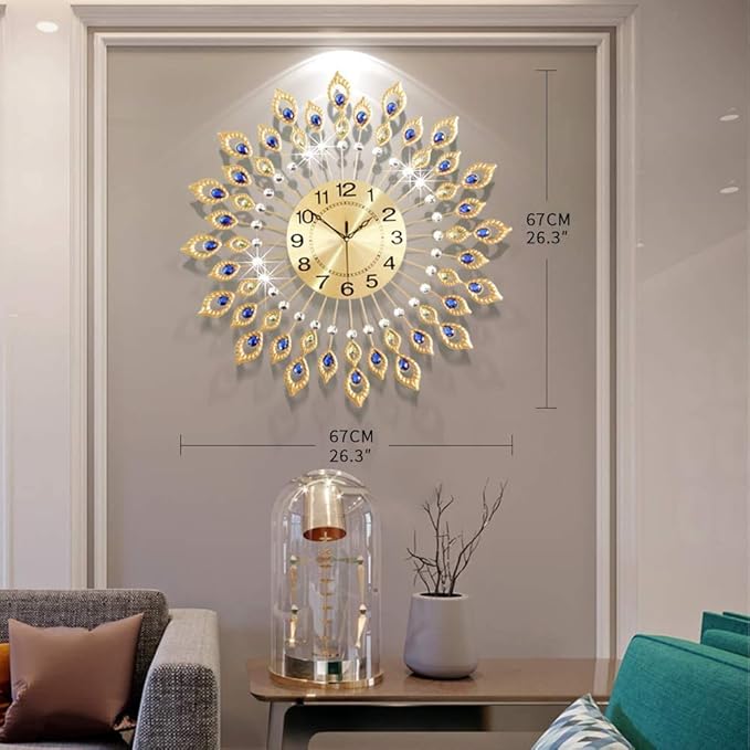 26.3 Inch Gold Large Wall Clock, Elegant 3D Modern Wall Clock with Dial Arabic Number, Non-Ticking Silent, Easy to Read, Suitable for Living Room, Kitchen, Bedroom, Office, Hotel