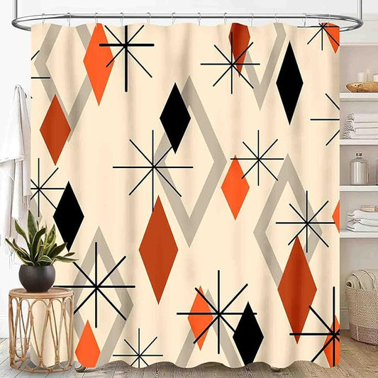 Geometric Modern Shower Curtain for Bathroom, Orange Mid Century Atomic Abstract Pattern 1950s 1960s Retro Vintage Style Waterproof Fabric Shower Curtain Set with Hooks, 72"x72" Inch