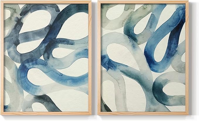 Renditions Gallery Set of 2 Peel & Stick Framed Prints, Watercolor Abstract Wall Art, Aquatic Water and Sand Strokes Wall Decor, Re-Stickable - Ready to Hang - 11"x14" - NATURAL WOOD Frame LT588