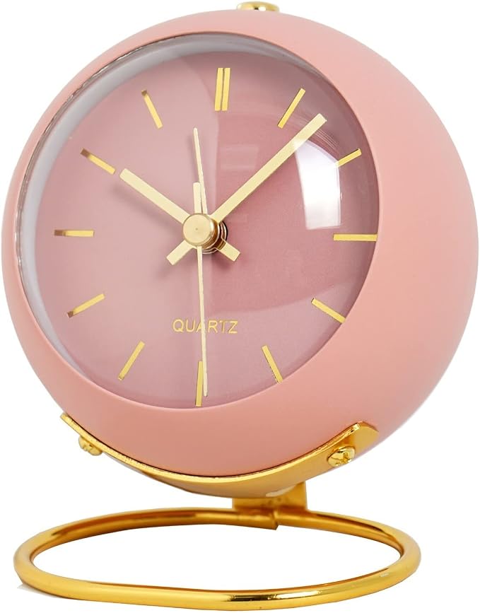 SHISEDECO Small Tableclocks Classic Non-Ticking Tabletop Alarm Clock with Night Light, Battery Operated Deskclock with HD Glass for Living Room Bedroom Bedside Indoor Decor (RN-Pink)