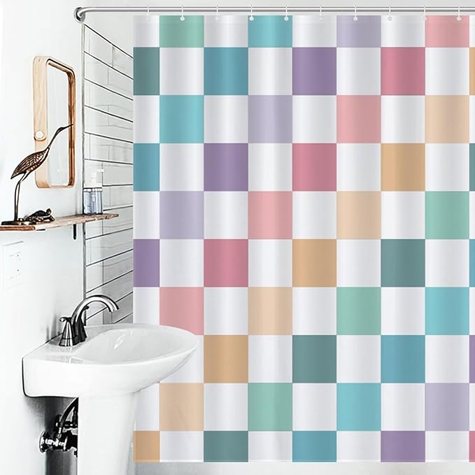 70s Checkered Shower Curtain for Bathroom, Retro Vintage Hippie Groovy Checkboard Colorful Pink Abstract Modern Cute Bright Funky Waterproof Fabric Shower Curtain Set with Hooks, 72"x84"
