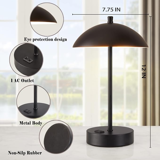 Modern LED Desk Lamp with AC Adapter, 12" 3-Way Dimmable Touch Bedside Reading Lamp, Minimalist Black Small Nightstand Table Lamp with Mushroom Dome Shade for Bedroom Living Room Office, Bulb Included