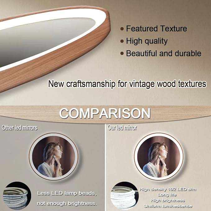 Wood Frame Round LED Bathroom Mirror With Lights 20 Inch, Lighted Vanity Wall Mirror, 3 Color Dimmable Anti-Fog Smart Circle Mirror