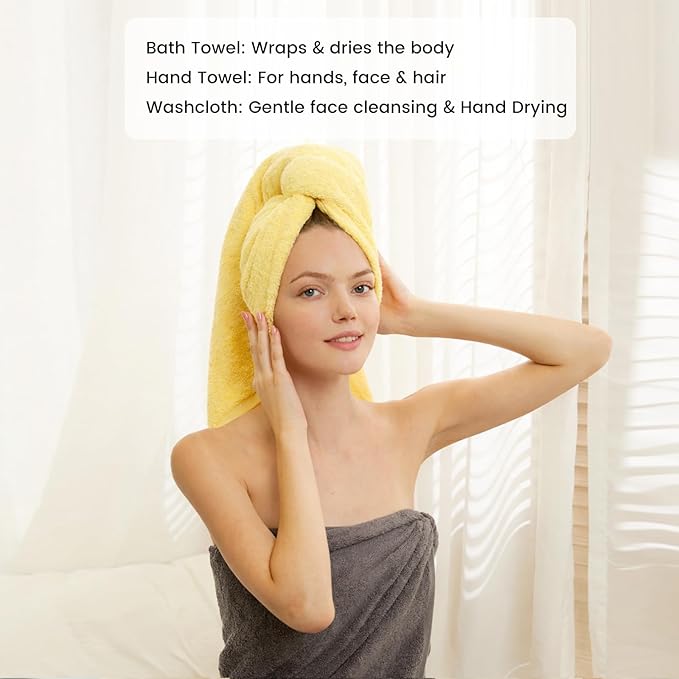 SEMAXE Bath Towel Set, 100% Cotton Bathroom Towels with Hanging Loops, Soft & Absorbent, 8 Piece Towel Set Include 2 Bath Towels, 2 Hand Towels, 4 Washcloths, Yellow & Grey