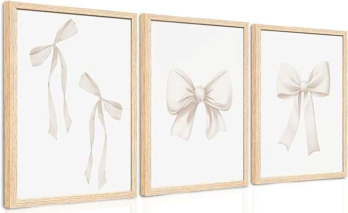 PicturePerfect Decor Set of 3 Bow Wall Art, 12x16Inch Framed Canvas Prints - Cream Ribbon Wall Decor for Bedroom Living Room Nursery Home Office, Minimalist Feminine Decor with Light Wood Frame