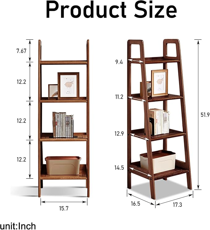 100% Solid Oak 4 Tier Ladder Shelf for Saving Space, Small Bookshelf with Stable Frame, Free Standing Ladder Shelves for Living Room Bedroom Couch(Walnut,17.32" D x 16.53" W x 53.54" H)