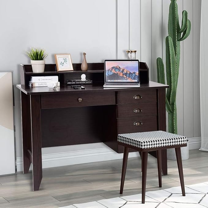Safeplus 48" Computer Desk with 4 Storage Drawers and Hutch Wood Executive Table for PC Laptop