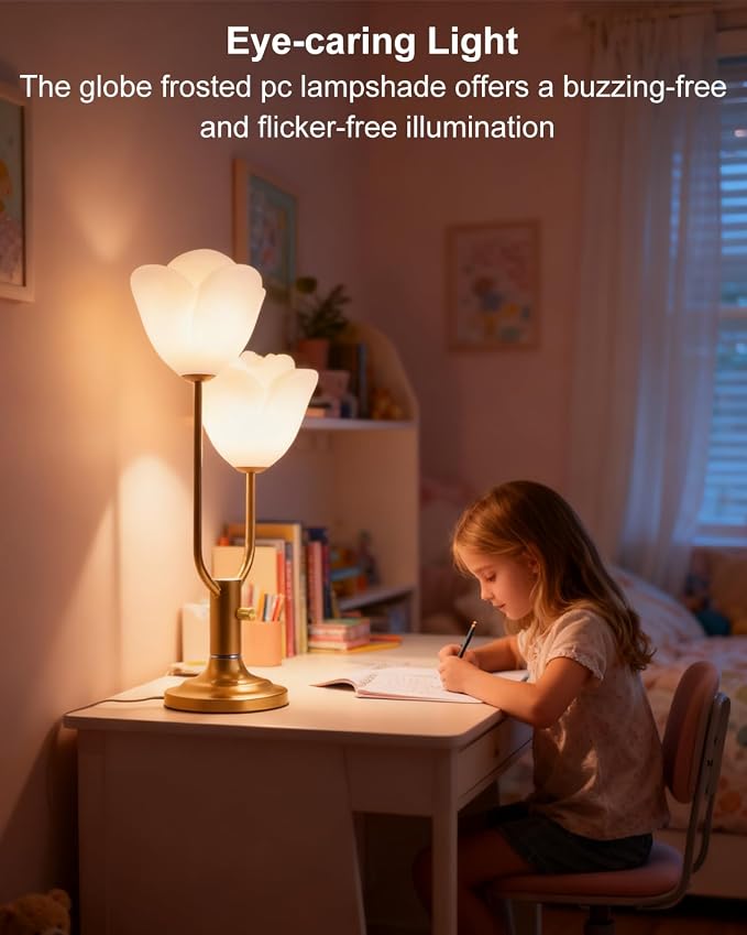 Lightdot Women Bedside Table Lamps for Bedroom, 2-Light Cute Flower Desk Lamp with G9 LED Bulbs, 0-100% Stepless Dimmable Gold Nightstand Lamp, Floral Lamp for Living Room, Home Office,Reading