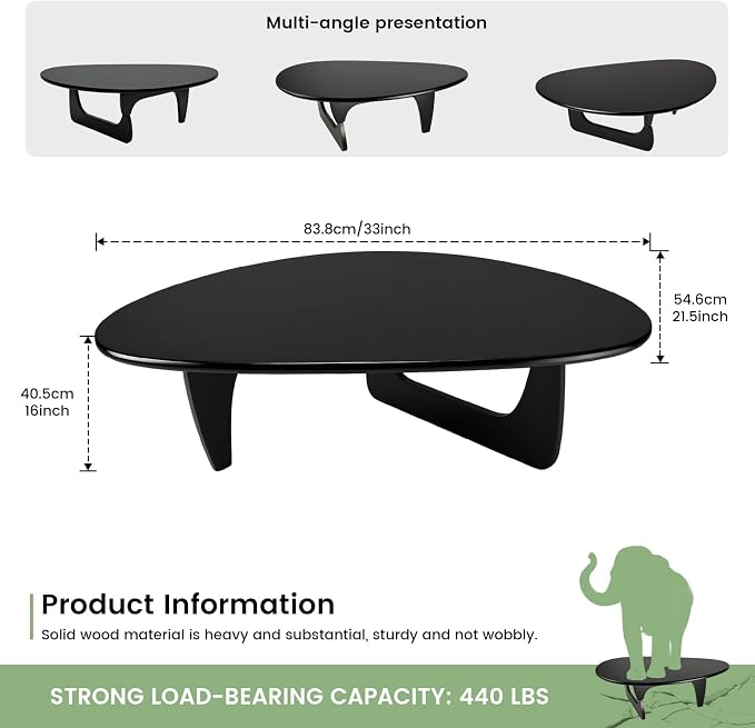 Solid Wood Triangle Coffee Table,Unique Mid Century Modern Oval Coffee Table,Irregular Geometric Tea Tables for Home Living Room with Wooden Tabletop and Reinforced (Black, 33" L x 24" W x 16" H)