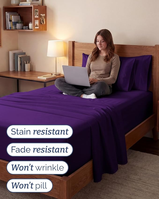 Extra Deep Twin XL Sheet Set - 4 Piece College Dorm Bed Sheets Set w/Extra Deep Pockets - Ultra-Soft, Comfy & Breathable Bedding for Women, Men, Kids & Teens - Wrinkle Free & Fade Resistant - Purple