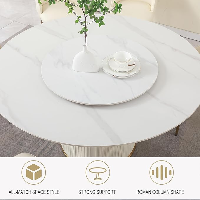 Leavader 9PCS Round Dining Table Set, Marble White Modern Dining Table, 59" D Sintered Stone Dining Table for 8 with Lazy Susan, Circle Kitchen Table and Chairs Set for Dining Room Table