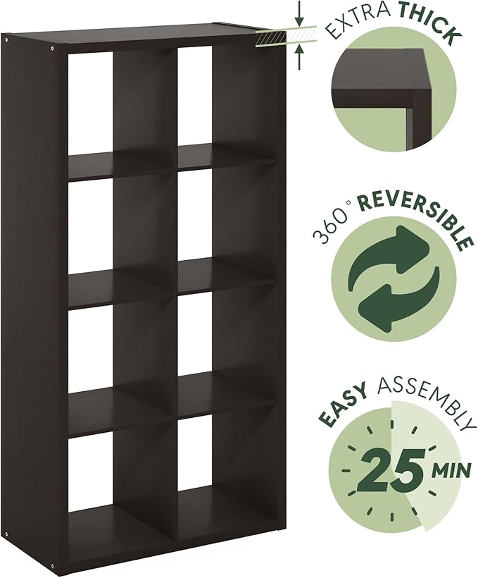 Furinno CUBICLE Book Shelf, 8-Cube Bookshelf, Extra Thick Frame Horizontally & Vertically Reversible Bookcase with Open Back, 14.6" x 30" x 58", for Living Room, Bedroom, Home Office, Black Dark Oak