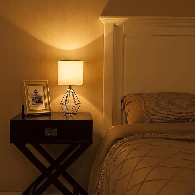 Gold Small Table Lamp Set of 2, Modern Bedside Nightstand Lamps with Geometric Metal Base White Fabric Shade, Cute Desk Lamp for Living Room Bedroom