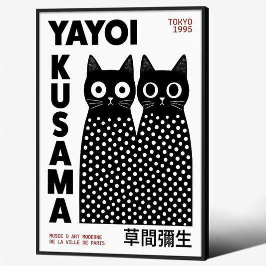 Black and White Cute Abstract Cat Wall Art Japanese Yayoi Kusama Canvas Poster 24X36 inch Black Framed Modern Fashion Minimalist Painting for Living Room Wall Decor Cat Lover Gifts