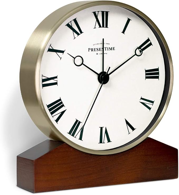 Presentime & Co Mozart Mantel Alarm Clock, Desk and Shelf Clock, Tabletop Decoration, 6 x 5.5 inch, Silent no Ticking, Wooden Base, Walnut Finish, Golden Color, Roman Numeral