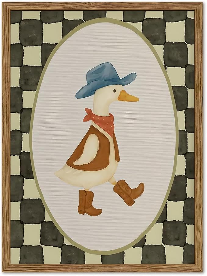Funny Western Cowboy Goose Wall Art Cute Silly Goose Wall Decor Painting, Southwestern Duck Animal Poster Canvas Print for Living Room Bedroom 16x24 inch Wood Framed