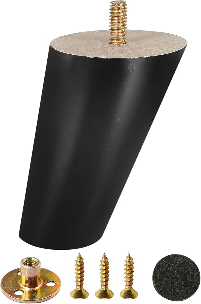 FoDau770 Black Rubber Wood Furniture Legs 5 Inches, 5/16" UNC Slant Tapered Wood Feet Mid Century Sofa Legs, Wooden Furniture Feet Replacement Parts for Cabinet Couch Dresser Chair Ottoman Table