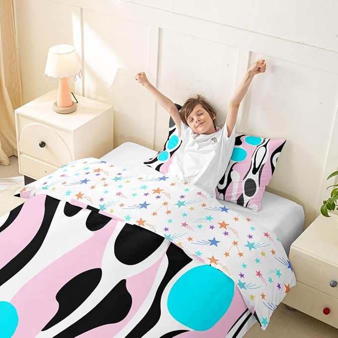 Erosebridal Mid Century Modern Abstract Duvet Cover Set Vintage Geometric Twin Bedding Sets for Girls Children Boys Contemporary Organic Shapes Comforter Cover Squiggle Blob Bed Set,Light Pink Cyan