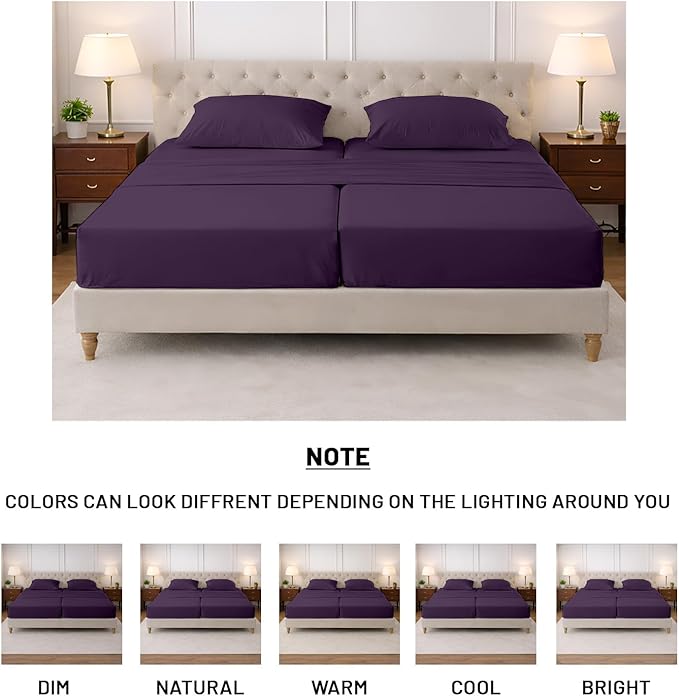 SGI Split King Sheet Set for Adjustable Bed Egyptian Premium Cotton 600 Thread Count Sheets for Sleep Number Bed 15" Deep Pocket 5 Pc Set with 2 Twin XL Fitted Sheets Soft Breathable -Plum