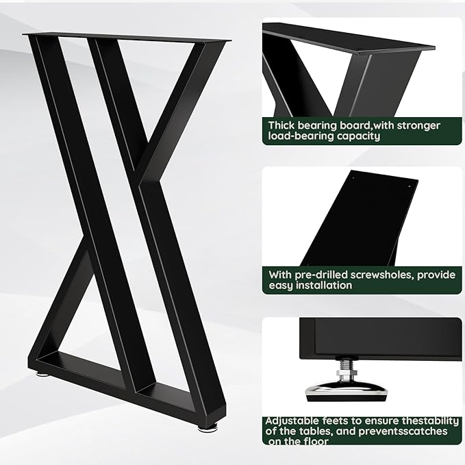 Height Table Legs 35" H x 24" W Furniture Desk Bench Dining Table Base Counter Outdoor Heavy Duty Desk Legs with Adjustable Feet Z Shape Set of 2 Black