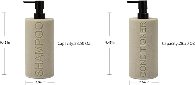 Resin 2 Pack Shampoo, Conditioner or Body Wash Dispenser Set, Luxurious Refillable Pump Bottles with Matte Pump Top and Embossed Text, Durable Design for Bathroom and Shower