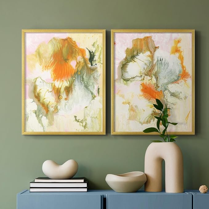Renditions Gallery Set of 2 Peel & Stick Framed Prints, Modern Abstract Wall Art, Mix Color Oil Paint Design Wall Decor, Re-Stickable - Ready to Hang - 16"x20" - GOLD Frame LT588