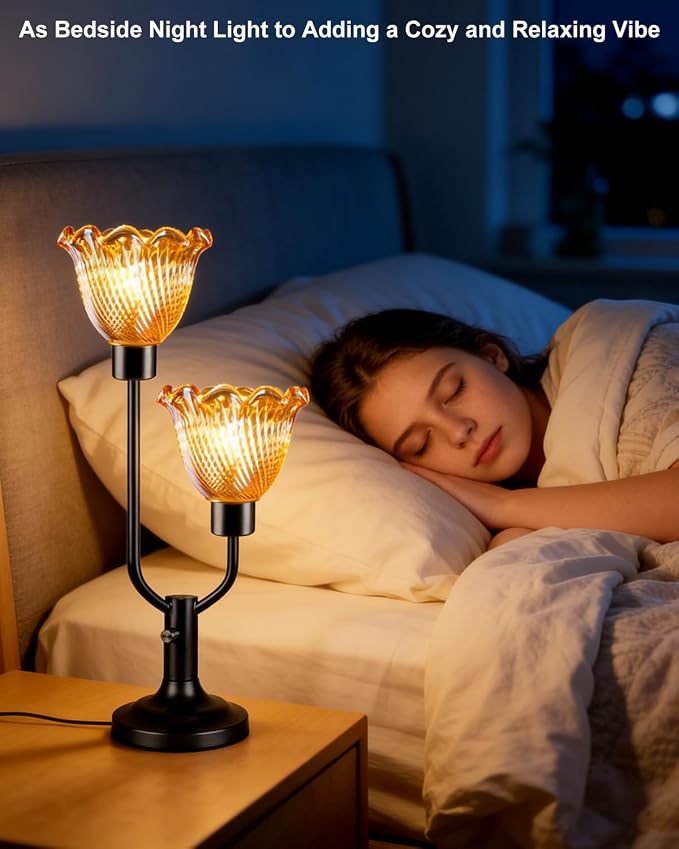 Lightdot Vintage Table Lamp for Living Room Dimmable Mid Century Modern Desk Lamp Flower Amber Glass Black Nightstand Lamp 2 Bulbs Included Warmwhite Ambient Bedside Lamp for Bedroom Home Office Decor