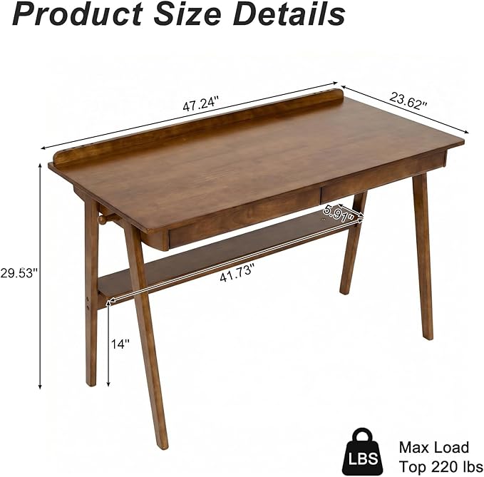 47" Small Solid Wood Desk with Drawers, Walnut Wooden Standing Desk, Home Office Desk for Small Spaces, Mid Century Modern Desk for Study, Bedroom, Living Room, Office (Walnut2, 47“)