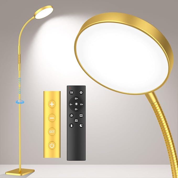 Floor Lamp, Adjustable Height Floor Lamps for Living Room Bedroom, 120 LED Super Bright Standing Lamp Remote & Touch Control Dimmable Gooseneck Tall Stand Reading Lamp for Office Craft, Gold