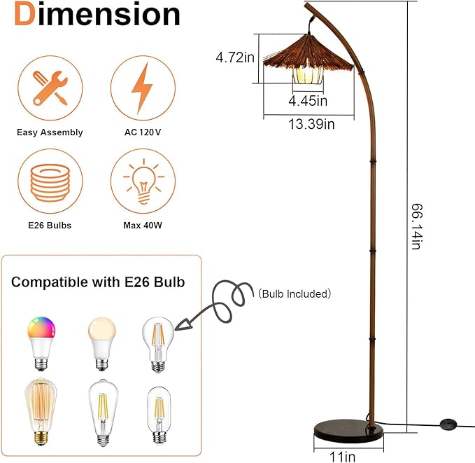 beaysyty Bamboo Floor lamp Mid Century Rattan Retro Floor lamp Bohemian,Arc Floor Lamps for Living Room Tall Reading Lamps Antique Rattan Style for Bedroom Dining Room Farmhouse Study (Brown)