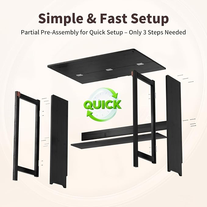 Bamboo Foldable Desk, Folding Desks for Small Spaces, Mid Century Small Computer Desk with Bookshelf for Bedroom Home Office, Black