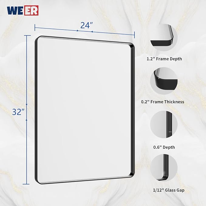 WEER Black Bathroom Mirror 24X32 Inch, Rectangular Black Metal Frame Mirror, Matte Black Bathroom Vanity Mirror with Tempered Glass, Rounded Corner, Anti-Rust (Horizontal/Vertical)