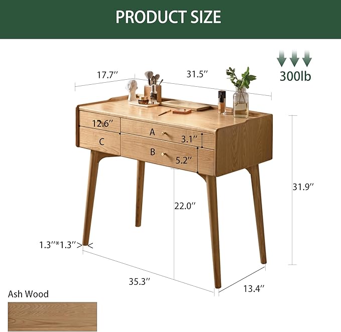 Small Vanity Desk, Solid Wood Dressing Table with Drawer Divider, Study Desk and Vanity Desk for Bedroom, 18" D x 31" W x 32" H