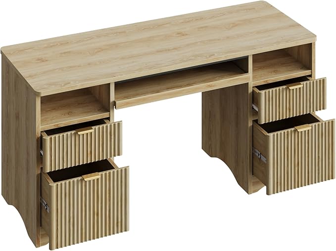 Bestier Computer Desk with Keyboard Tray, 59 inch Office Desk with 4 Drawers, Modern Home Office Desk with File Drawer (Natual Oak, 59" W with Double-Sided Drawers)