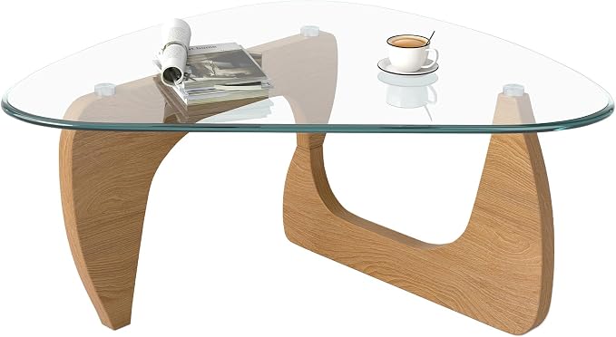 Modern Glass Coffee Table, Triangle Center Table with Tempered Glass Top& Unique Wooden Base, 31.5” Mid Century Tea Tables for Living Room, Apartment, Office,Wood &Transparent