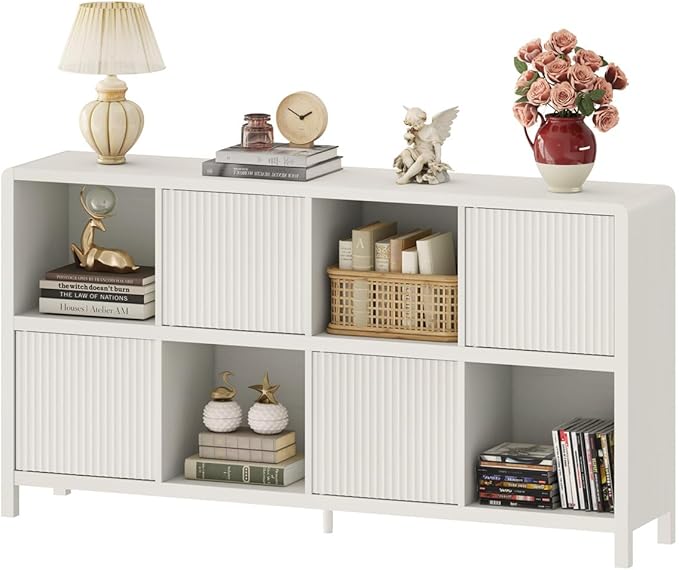 FATORRI Bookcase 8 Cube Storage Organizer, Horizontal Bookshelf with 4 Doors, Long Wooden Book Shelf for Home Office, Bedroom, Entryway (Antique White)