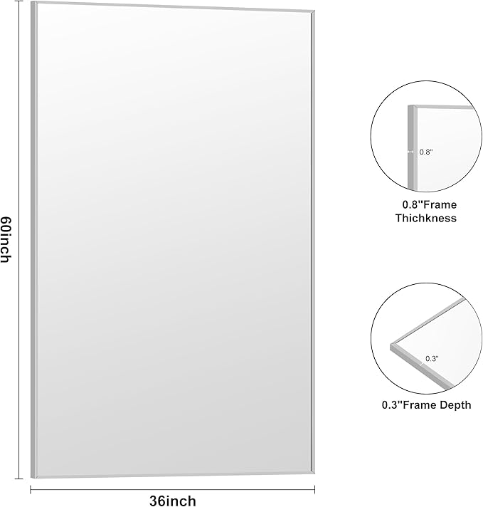 KOCUUY Silver Bathroom Mirror, 60"x36" Large Rectangle Bathroom Mirror for Wall, HD Tempered Glass, Anti-Rust Brushed Silver Frame, Modern Design for Bathroom, Bedroom, Hang Horizontal/Vertical