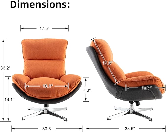 LukeAlon Modern Linen Swivel Lounge Chair, Upholstered High Back Accent Chair with Metal Base Comfy Recliner Chair Leisure Single Sofa Chair for Living Room Office, Orange