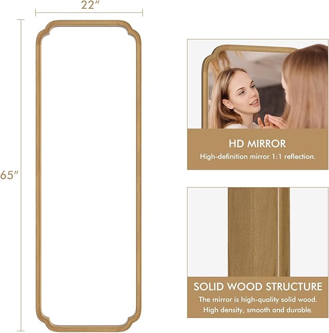 WallBeyond Full Length Mirror Wall Mounted 65"x22", Rustic Wooden Frame Floor Mirror, Large Full Body Mirror for Bedroom, Leaning or Hanging Against Wall (Natural Solid Wood)