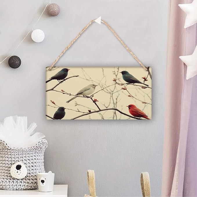 Vintage Bird & Yellow Blossom Wood Print, Whimsical Decors on Wood, 12x6 Inches, Ideal for Bird styles Lovers & Retro Interiors