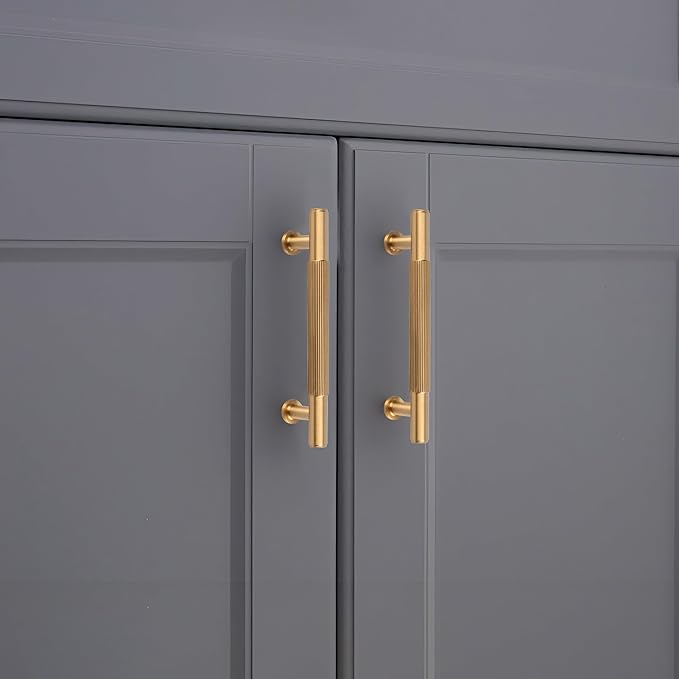 2 Pack Brushed Gold Kitchen Cabinet Pulls, 3-3/4 Inches Solid Brass Dresser Drawer Handles, Modern Warm Gold Furniture Door Handles for Cupboard Vanity Wardrobe Cupboard