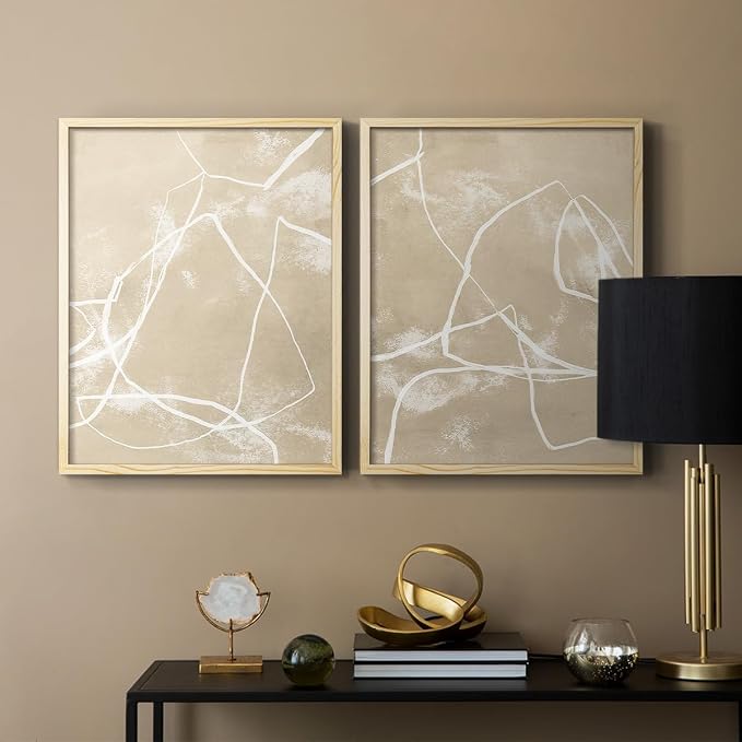 Renditions Gallery Set of 2 Peel & Stick Framed Prints, Neutral Abstract Wall Art, Beige Line Art Pattern Wall Decor, Re-Stickable - Ready to Hang - 22"x28" - NATURAL WOOD Frame LT588
