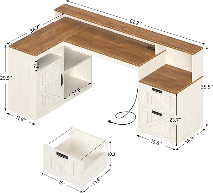 TVU Farmhouse L Shaped Desk with Drawers, 62.2" Home Office Desk with Storage Shelves and Power Outlet, L Shaped Computer Desk with Monitor Stand and Printer Shelf, Brown and White
