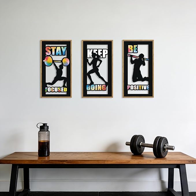 HPNIUB 3PCS Motivational Gym Wall Decor, Inspirational Workout Wooden Sign for GYM, Sports Silhouette Wood Hanging Wall Art for Exercise Classroom Workout Room Decoration(8x16Inch)