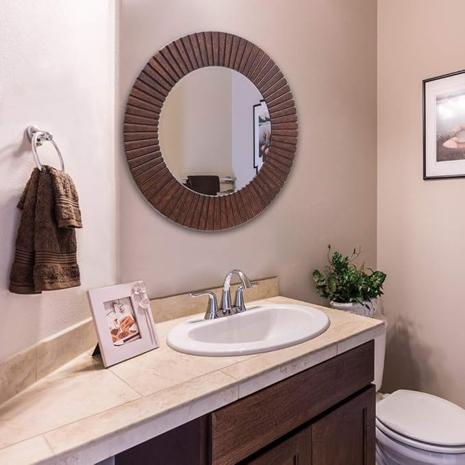 Chende 30'' Round Mirror with Wood Frame, Large Decorative Mirror for Wall, Farmhouse Bathroom Mirror with Bronze Groove Finish for Living Room, Entryway, Bedroom