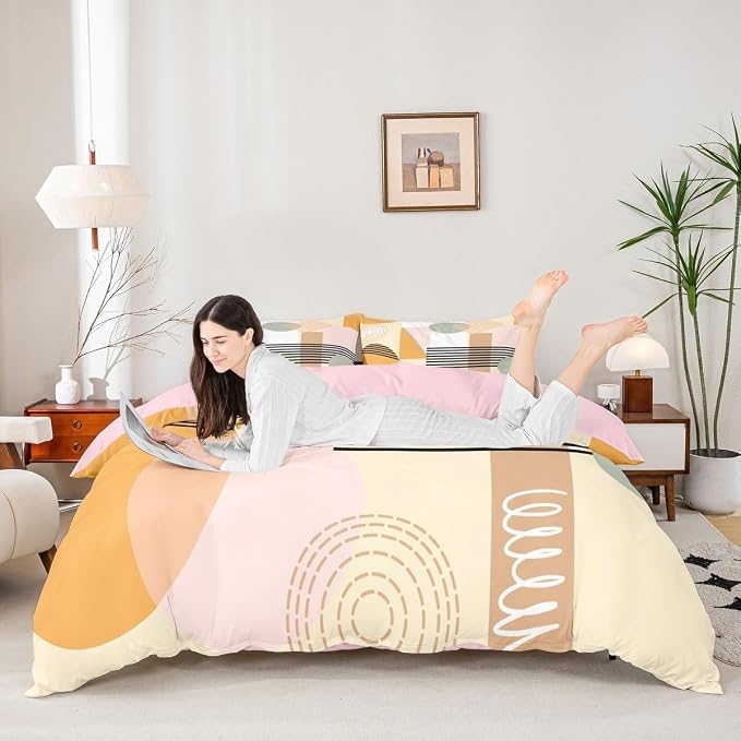 Erosebridal Pink Yellow Abstract Duvet Cover Toddler Size for Kids Teens Girls | Colorful Geometric Comforter Cover Minimalist Circle Modern Bedding Set Boho Contemporary Aesthetic Bed Set